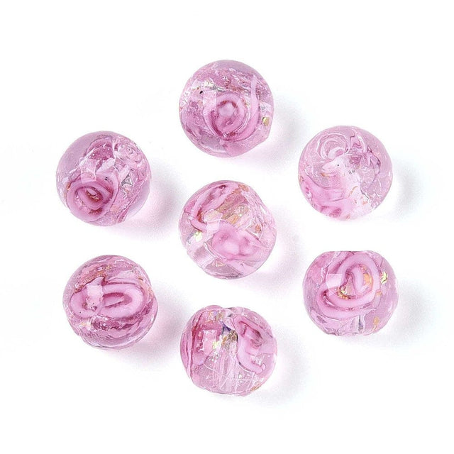 Lampwork Perler Med Blomst – Rund, Pearl Pink (10mm, 8 stk) - Uniq Perler - 115967