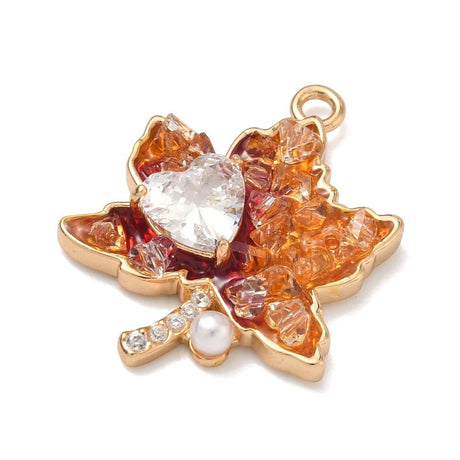 Løvblad Med Hjerte Vedhæng – 18K Forgyldt Messing Med Perle (23x17.5x4mm) - Uniq Perler - 118823