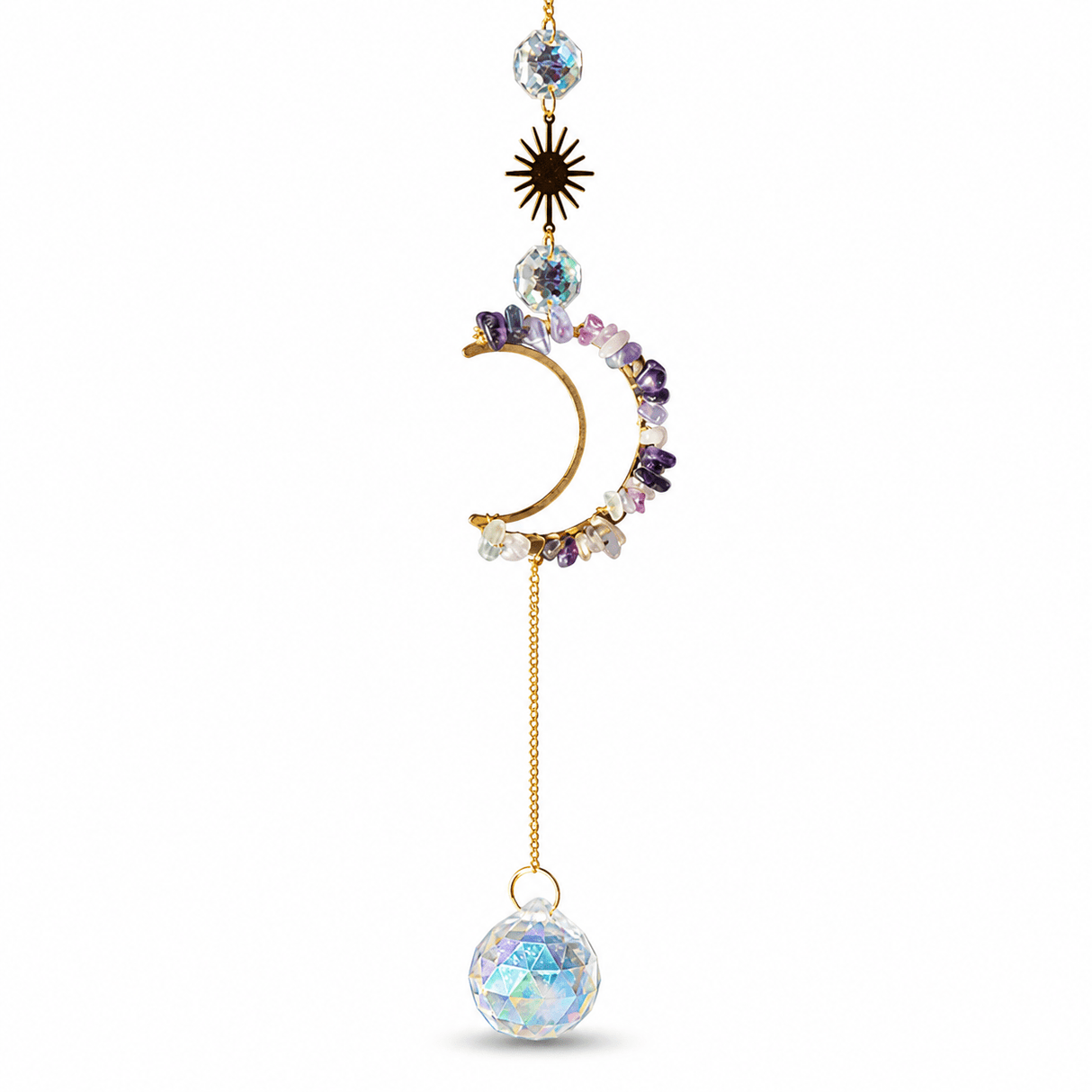 Måne Suncatcher Med Fluorit Chips – Glas Og Messing (330~350mm) - Uniq Perler - 122384