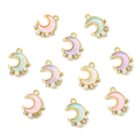 Måne Vedhæng – Forgyldt, Med Rhinsten og Perler (18,5x13,5x4mm) 10 stk - Uniq Perler - 117508