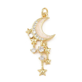 Moon pendant with enamel and Zirconia stones, 18K Durable gold plating(17x36x3mm) - Uniq Perler - 