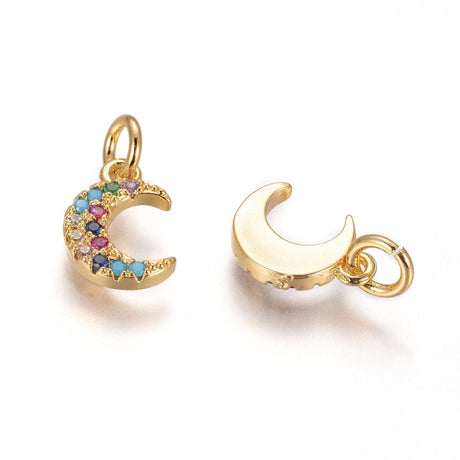 Måne Vedhæng Med Farvet Zirkonia Sten, Forgyldt, (11x8x2mm) - Uniq Perler - 112303