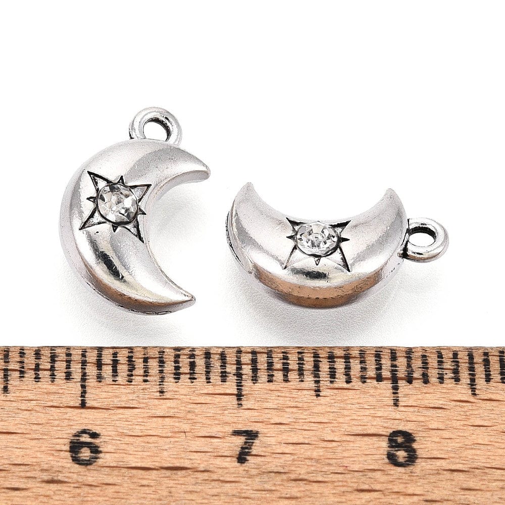 Måne Vedhæng Med Rhinsten - Antik Forsølvet (14,5x9,5x6mm) 6 stk. - Uniq Perler - 115549