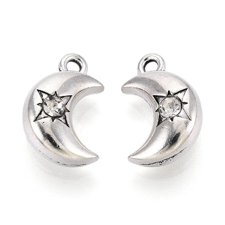 Måne Vedhæng Med Rhinsten - Antik Forsølvet (14,5x9,5x6mm) 6 stk. - Uniq Perler - 115549