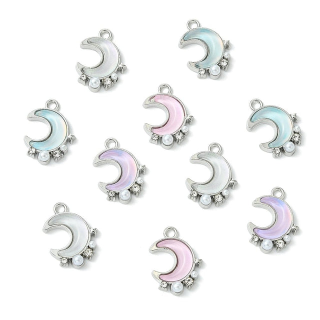 Måne Vedhæng – Platin Belagt, Med Rhinsten og Perler (18,5x13,5x4mm) 10 stk - Uniq Perler - 117507