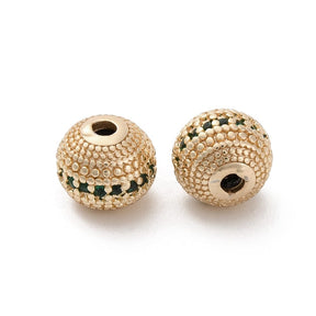 Brass Beads With Green Zirconia Stones, Long-Lasting Gold Plated, (8mm) - Uniq Perler - 114183