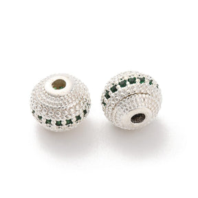 Brass Beads With Green Zirconia Stones, Durable silver-plated, (8mm) - Uniq Perler - 114184