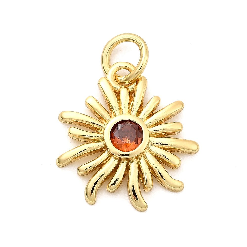 Messing Vedhæng – Langtidsholdbar, Sol med Rød/orange Zirkonia (14x15mm, 2 stk) (Kopi) (Kopi) - Uniq Perler - 