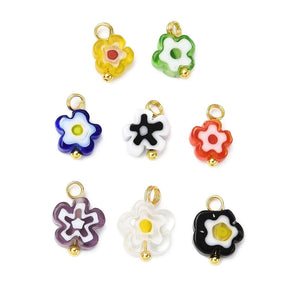 Millefiori Glas Vedhæng – Blomst med Forgyldt Ophæng (10 stk) - Uniq Perler - 