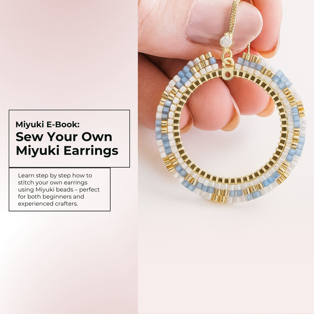 Miyuki E - Bog – Miyuki Øreringe Med Rund Ramme, Blå/Hvid/Guld (Ø35mm) - Uniq Perler - 786246