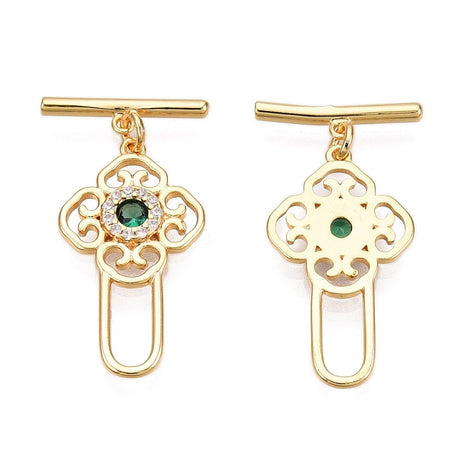 Mønstret Toggle Lås Med Zirkonia Og Grøn Sten, 18K Forgyldt Messing, 24x13x2mm - Uniq Perler - 113407