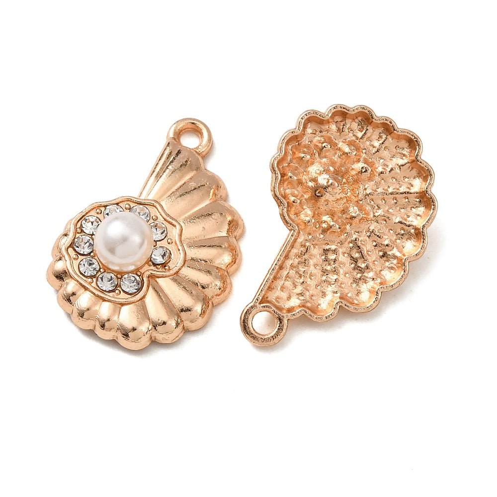 Muslinge Vedhæng Med Perle Og Rhinsten – 18K Forgyldt Messing (22x15mm) 6 stk. - Uniq Perler - 120503