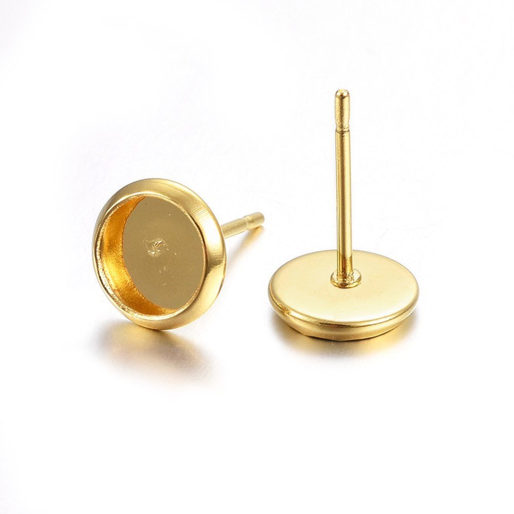 Ørestikker Til Cabochon – 18K Forgyldt Stål, Flad Rund (6mm) 6 dele - Uniq Perler - 119133