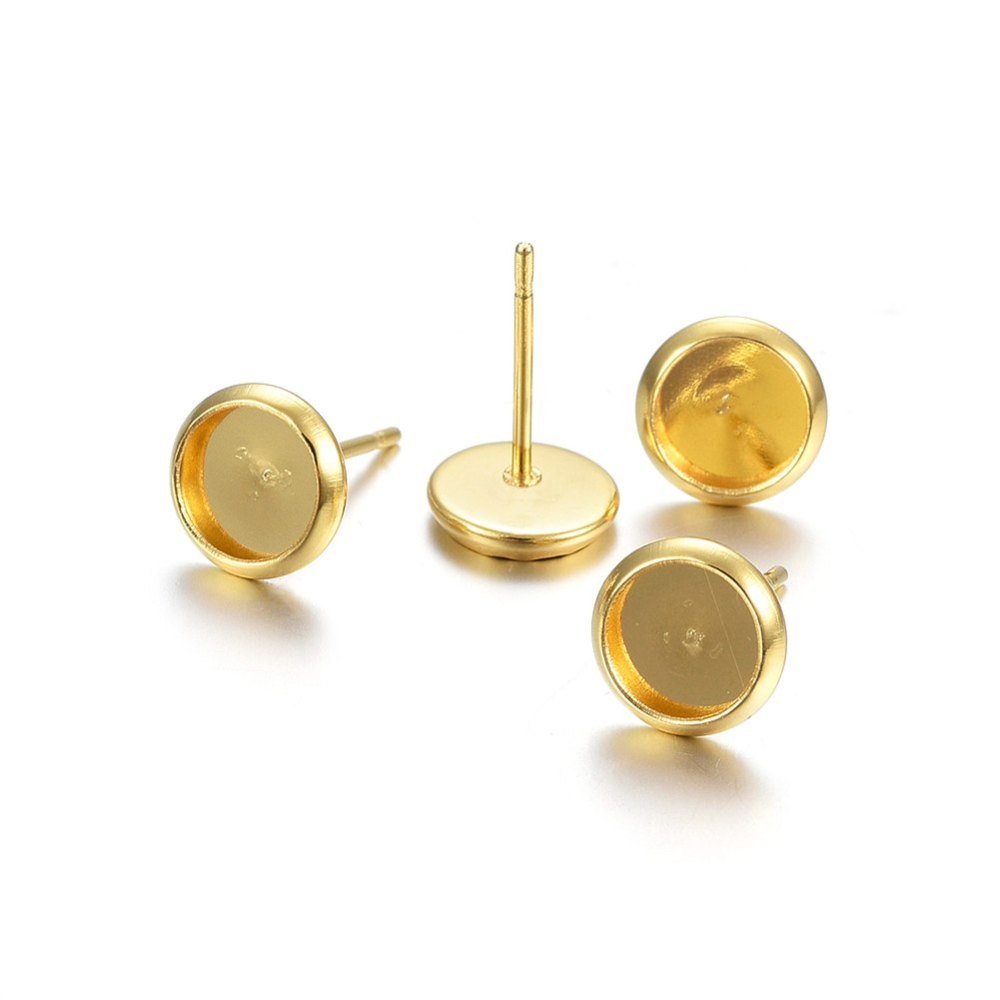 Ørestikker Til Cabochon – 18K Forgyldt Stål, Flad Rund (6mm) 6 dele - Uniq Perler - 119133
