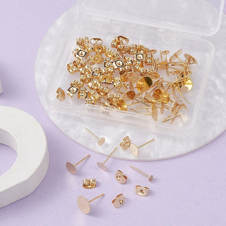 Ørestikkere Til Pålimning Med Plade, Forgyldt Stål, (80 Dele) - Uniq Perler - 111672