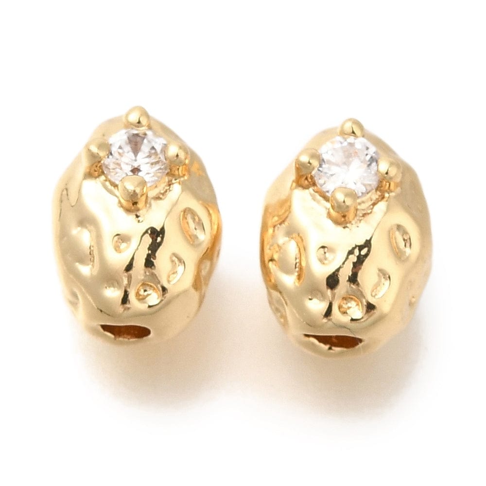 Ovale Hamret Perler Med Zirkonia Sten, 18K Forgyldt Messing, (8,5x6x7mm), 2 Stk. - Uniq Perler - 114188