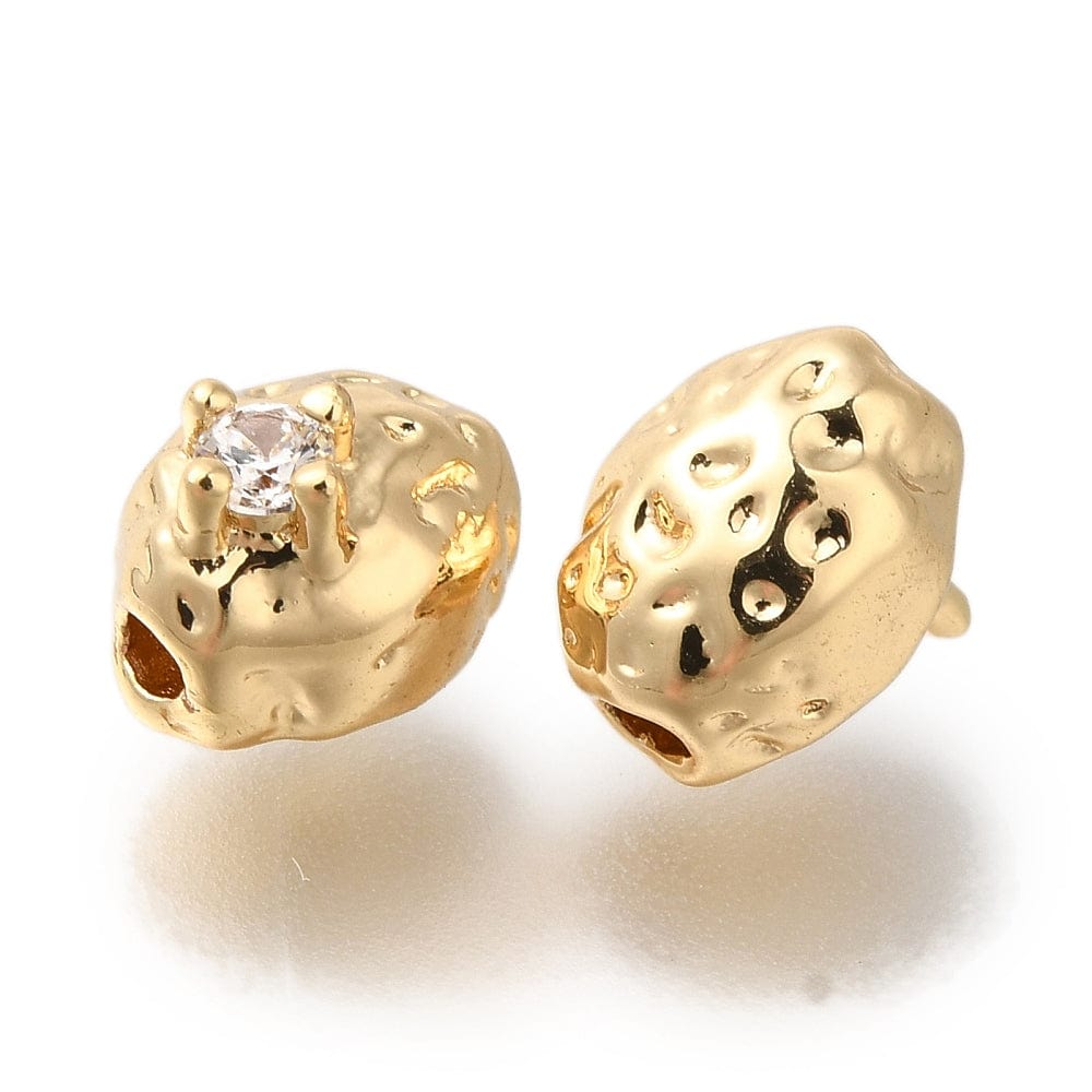 Ovale Hamret Perler Med Zirkonia Sten, 18K Forgyldt Messing, (8,5x6x7mm), 2 Stk. - Uniq Perler - 114188