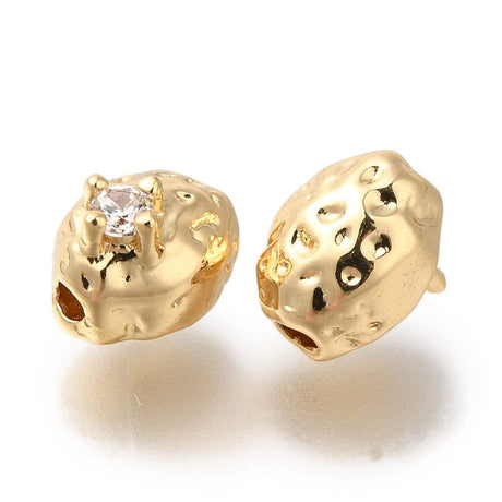 Ovale Hamret Perler Med Zirkonia Sten, 18K Forgyldt Messing, (8,5x6x7mm), 2 Stk. - Uniq Perler - 114188