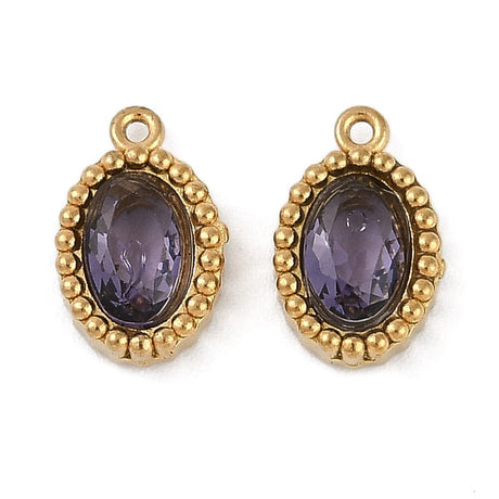 Ovalt Vandfast Vedhæng Med Lilla Glas, 18K Forgyldt Stål, 10x6,5mm, 2 stk. - Uniq Perler - 973456