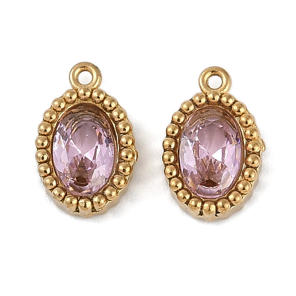 Ovalt Vandfast Vedhæng Med Rosa Glas, 18K Forgyldt Stål, 10x6,5mm, 2 stk. - Uniq Perler - 968978