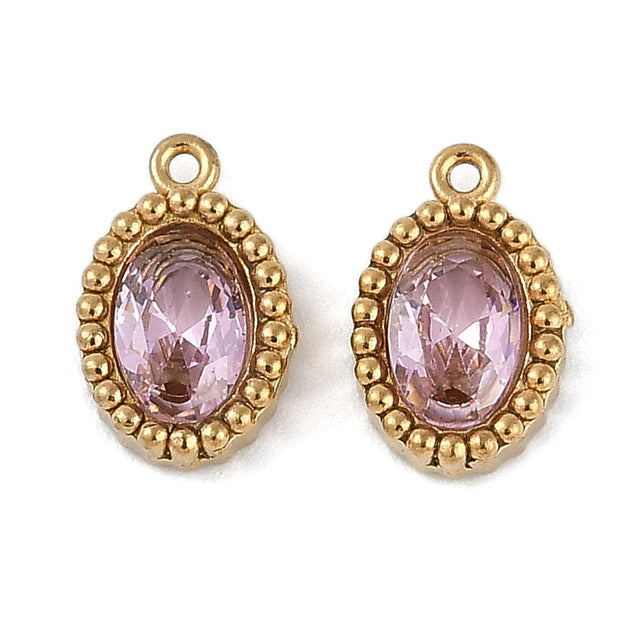 Ovalt Vandfast Vedhæng Med Rosa Glas, 18K Forgyldt Stål, 10x6,5mm, 2 stk. - Uniq Perler - 968978