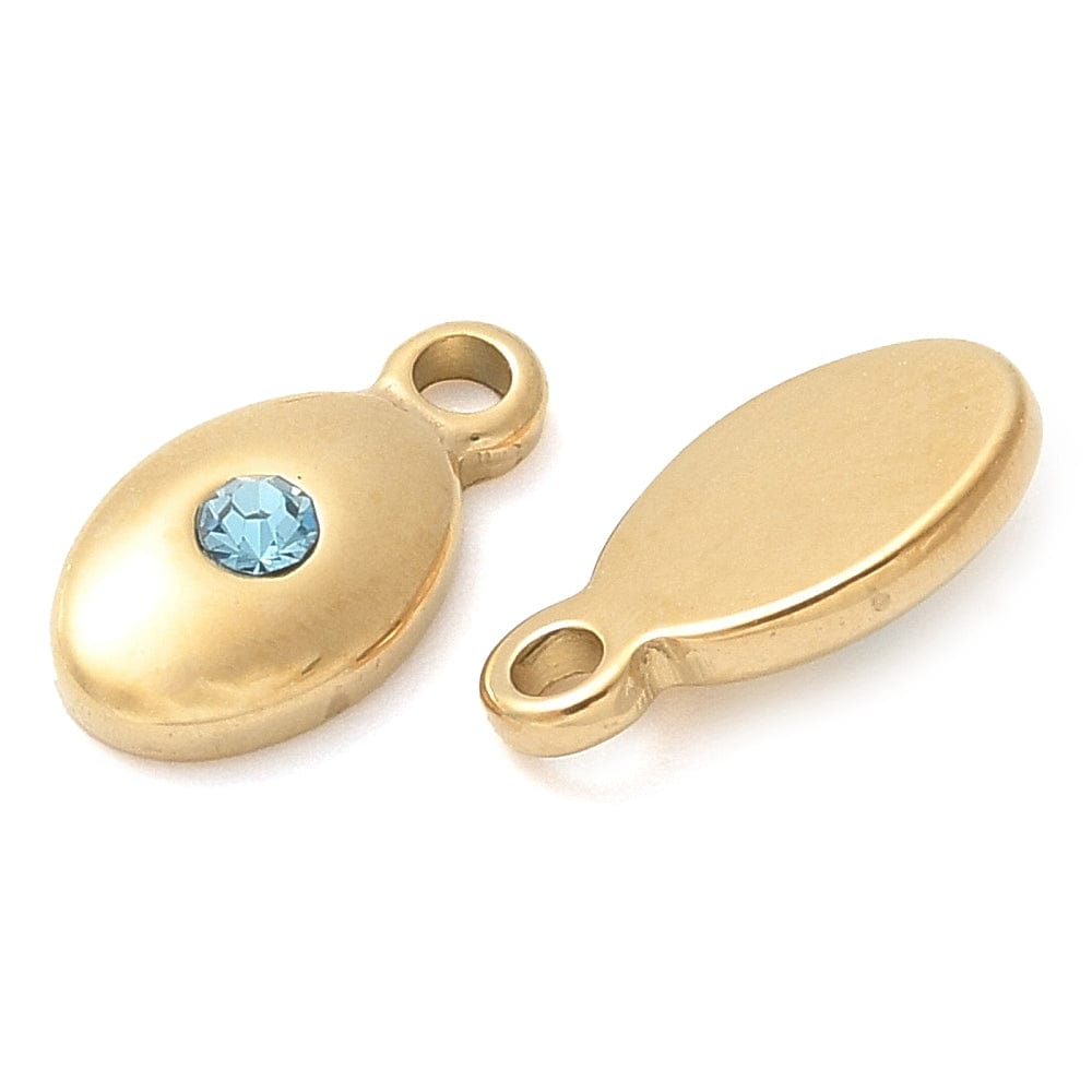 Ovalt Vedhæng Med Blå Rhinsten, Forgyldt Stål, 15,5x10mm - Uniq Perler - 114256