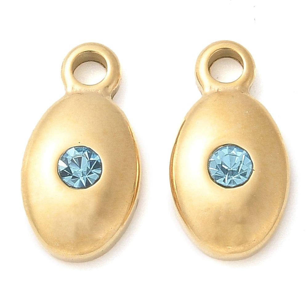 Ovalt Vedhæng Med Blå Rhinsten, Forgyldt Stål, 15,5x10mm - Uniq Perler - 114256