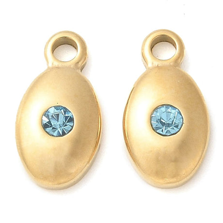 Ovalt Vedhæng Med Blå Rhinsten, Forgyldt Stål, 15,5x10mm - Uniq Perler - 114256
