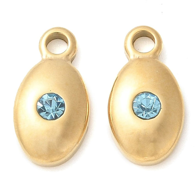 Ovalt Vedhæng Med Blå Rhinsten, Forgyldt Stål, 15,5x10mm - Uniq Perler - 114256