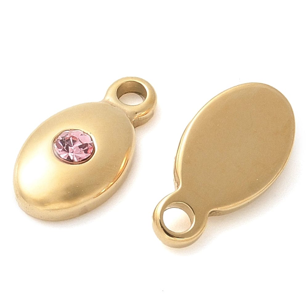 Ovalt Vedhæng Med Rosa Rhinsten, Forgyldt Stål, 15,5x10mm - Uniq Perler - 114257