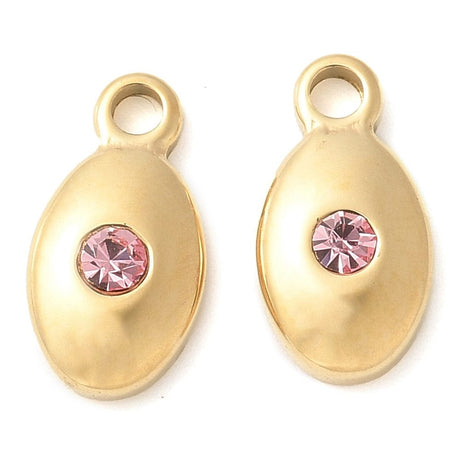Ovalt Vedhæng Med Rosa Rhinsten, Forgyldt Stål, 15,5x10mm - Uniq Perler - 114257