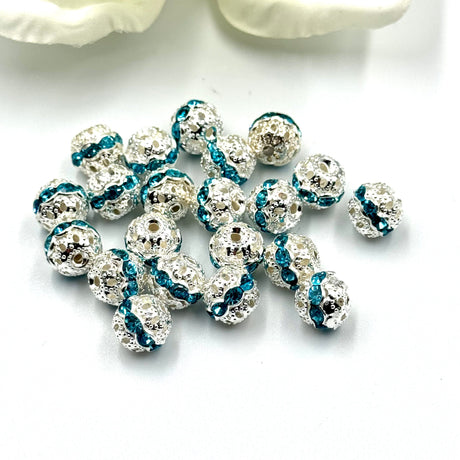 Pandahall Metal perler Perle med turkise rhinsten, 8 mm, 6 stk.