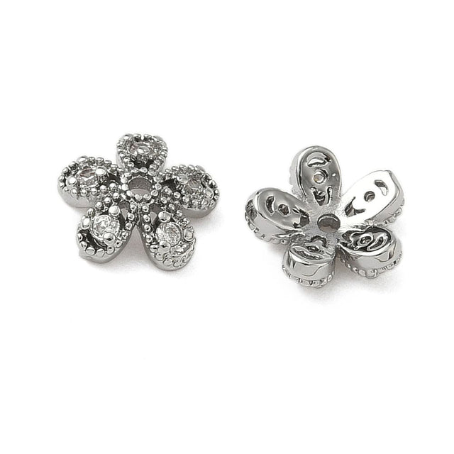 Perlehatte – Blomst m. Zirkonia, Platin farvet Messing (8,5mm) 8 stk. - Uniq Perler - 115691