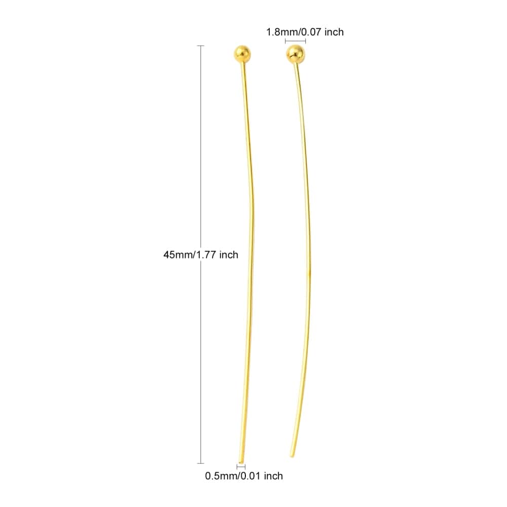 Perlestave Med Rundt Hoved – Forgyldt (45x0,5mm), 100 Stk - Uniq Perler - 0000001697