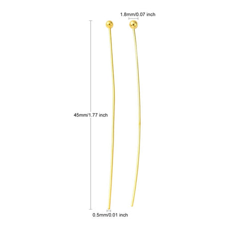 Perlestave Med Rundt Hoved – Forgyldt (45x0,5mm), 100 Stk - Uniq Perler - 0000001697