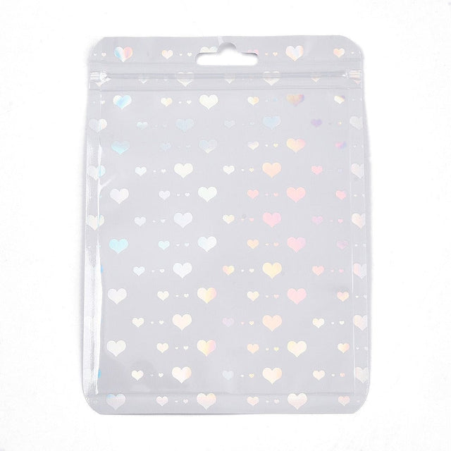 Plastikposer Med Lynlås, Hvid Med Hjerter, (10x15cm, 25 stk.) - Uniq Perler - 114964