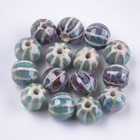 Porzellanperlen – Blau/Grün, Melonenform (12mm) 8 Stück - Uniq Perler - 115102