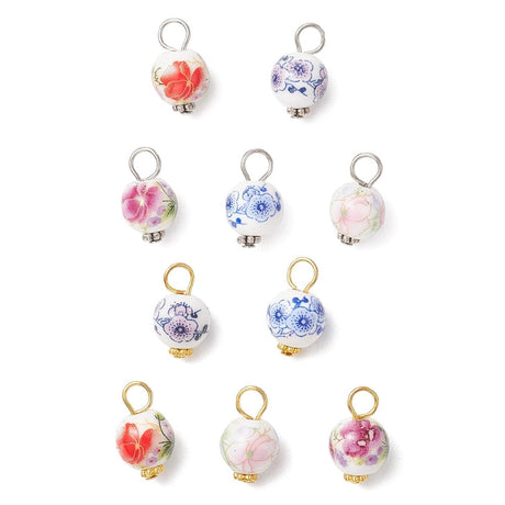 Porcelæns vedhæng Med Blomsterprint – Mix Farver (17,5x10,5mm), 10 Stk - Uniq Perler - 115515