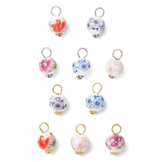 Porcelæns vedhæng Med Blomsterprint – Mix Farver (17,5x10,5mm), 10 Stk - Uniq Perler - 115515