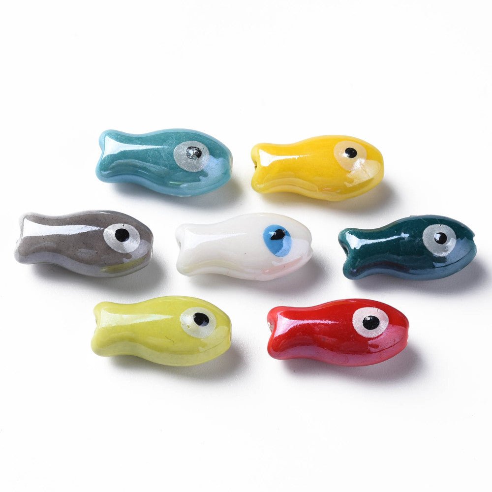 Porcelænsperler – Fisk, Håndmalede, Farve Mix (19,5x10x8mm) 8 stk. - Uniq Perler - 122779