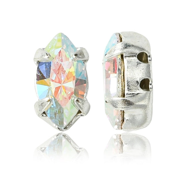 Preciosa Crystal Navette Mellemled – Crystal AB, Sølvbelagt Messing (8x4mm) - Uniq Perler - 122973