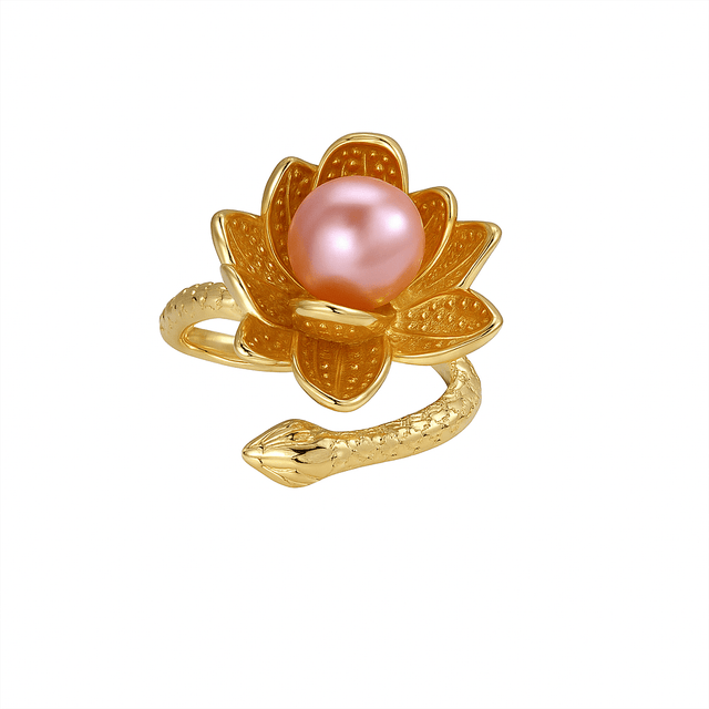 Regulerbar Og Forgyldt Ring Med Lotus Blomst Og Rosa Ferskvandsperle - Uniq Perler - 692819