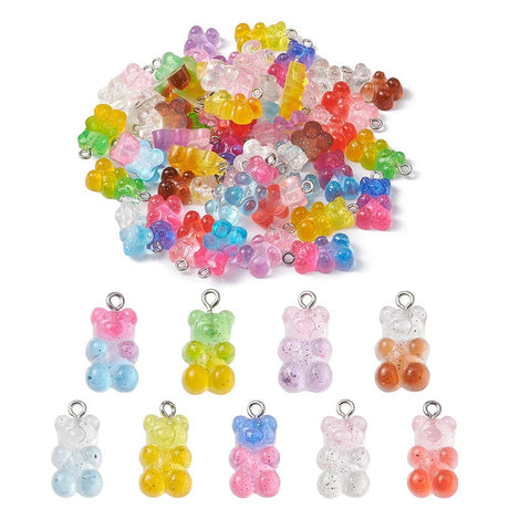 Resin Bamse Vedhæng I Assorteret Farver, 21x11x7mm, 45 stk. - Uniq Perler - 562993