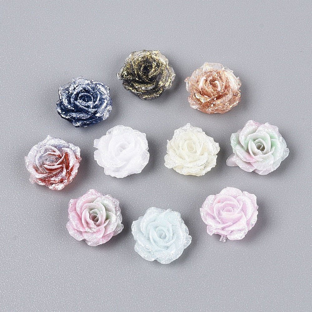 Resin Cabochoner – Blomstermotiv Med Glitter, Farve Mix (9~10x4~5mm) 20 stk. - Uniq Perler - 118883
