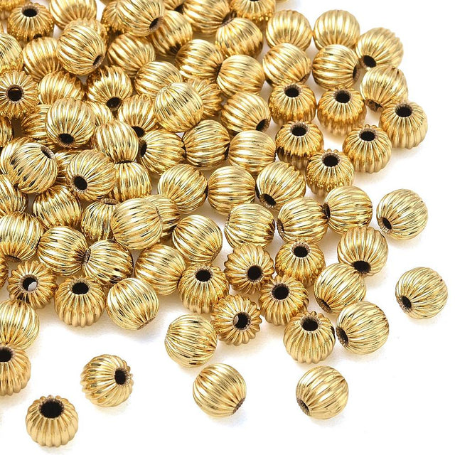 Riflede Runde Messing Perler – 18K Langtidsholdbar Forgyldt (6mm) 10 stk. - Uniq Perler - 123955