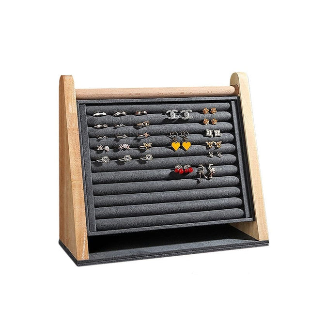 Ring & Ørestikker Holder – Træ Med Grå Velour (31,5x11,5x27cm) - Uniq Perler - 115520