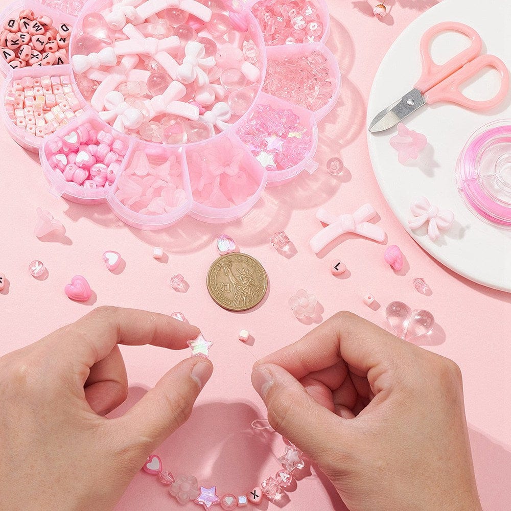 Rosa DIY Sæt Med Perler Og Dele Til Armbånd Med Sløjfer - Uniq Perler - 111795