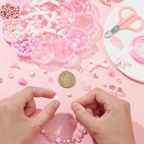 Rosa DIY Sæt Med Perler Og Dele Til Armbånd Med Sløjfer - Uniq Perler - 111795