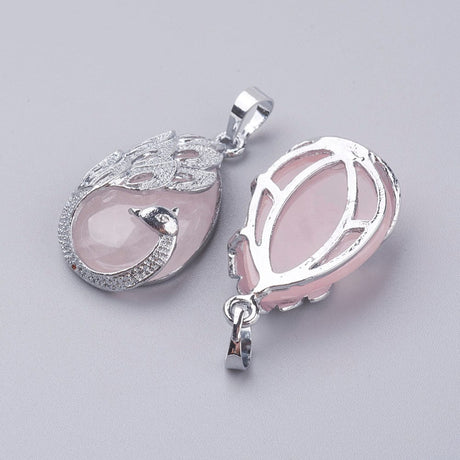 Rosakvarts Vedhæng Med Påfugl, 33x20x6,5mm - Uniq Perler - 150846