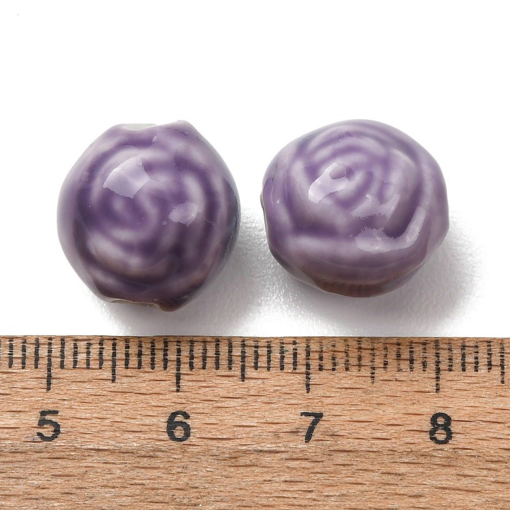 Rosenformede Porcelænsperler – Lilla (14mm) 6 stk. - Uniq Perler - 122832
